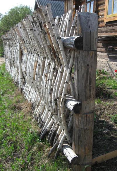 Вертикальный забор из тонких березовых стволов и веток
