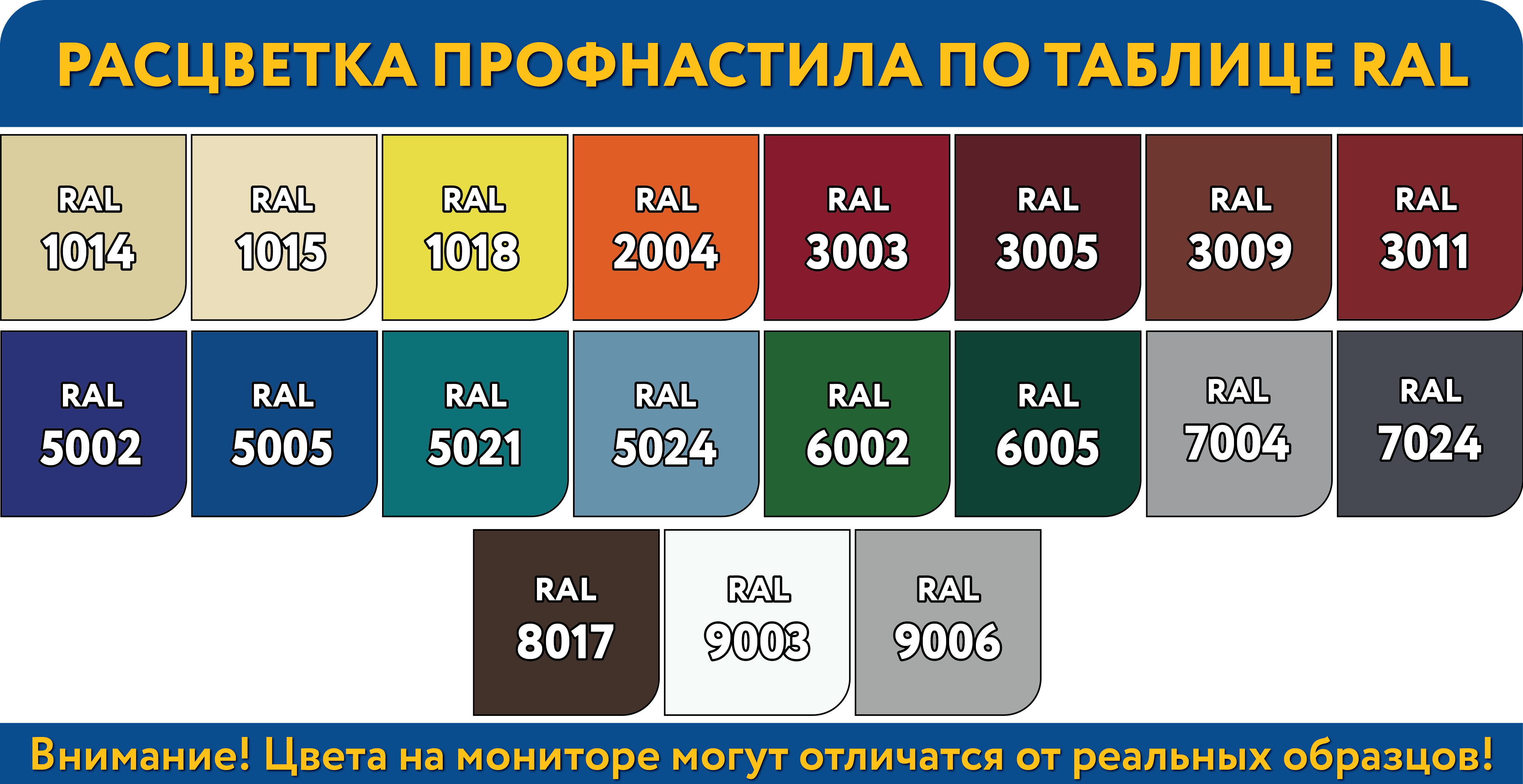 возможные цвета RAL заборов из профнастила