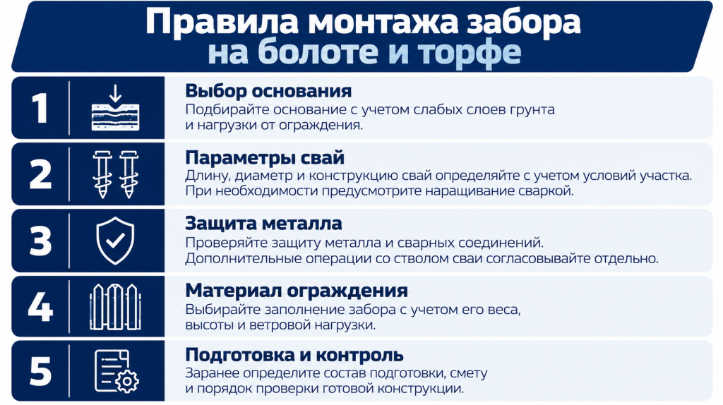 Правила монтажа забора на болоте и торфе