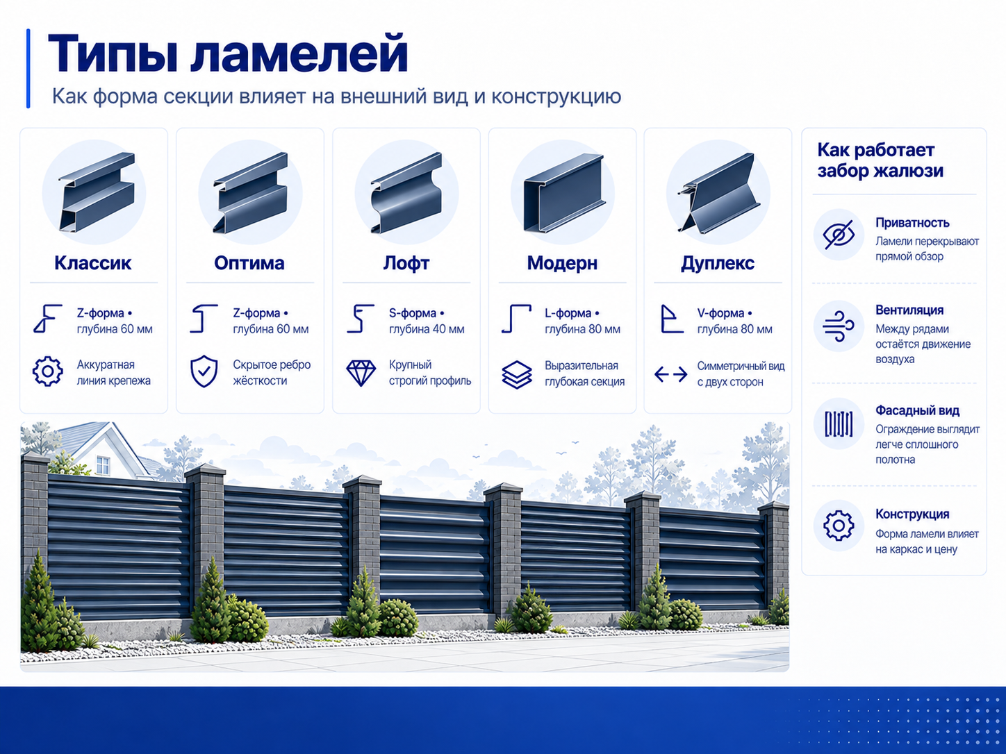 Типы ламелей и принцип работы металлического забора жалюзи